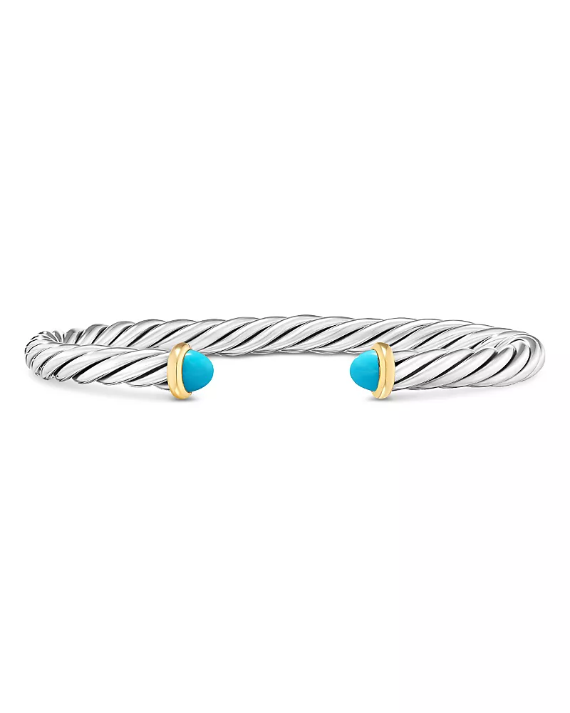 David Yurman Men's Cable Cuff Bracelet in Sterling Silver with 14K Yellow Gold and Turquoise, 6mm