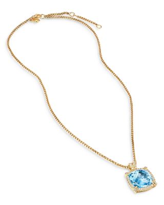 Chatelaine&reg; Pav&eacute; Bezel Pendant Necklace in 18K Yellow Gold with Blue Topaz and Diamonds, 14mm
