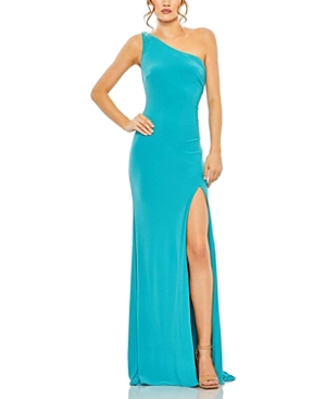 Shop Mac Duggal Jersey One Shoulder Draped Back Gown In Blue
