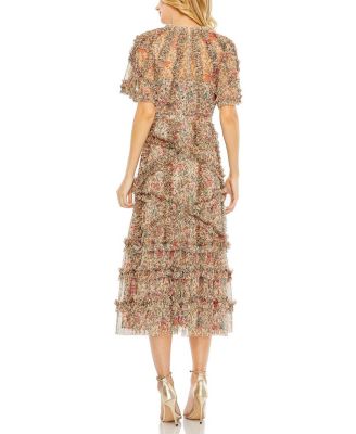 Floral Flutter Sleeve Mesh Print Dress