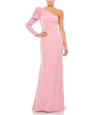 Mac Duggal One-shoulder Gown With Dramatic Puff Sleeve And Thigh-high Slit In Pink