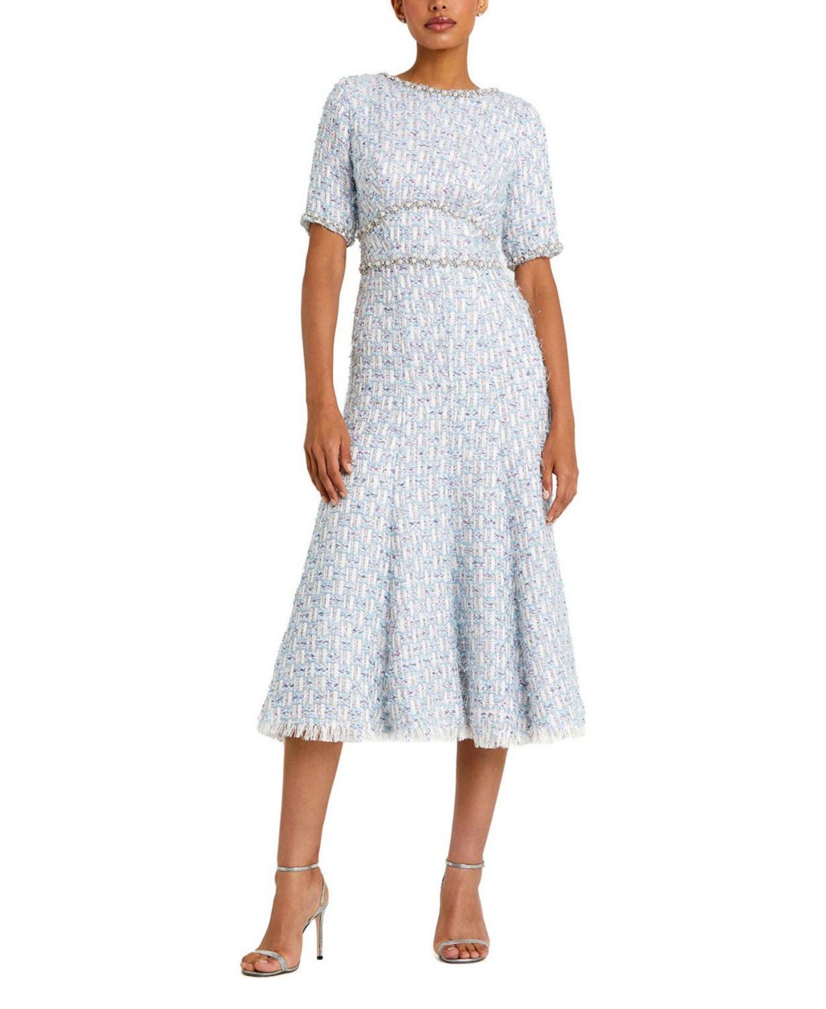 Short Sleeve Beaded Trim Boucle Midi Dress