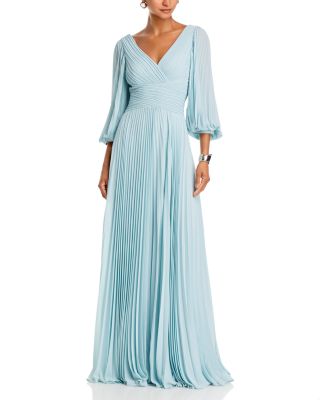 Teri Jon by Rickie Freeman Chiffon Pleated V Neck Gown