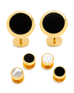 Shop Cufflinks, Inc Double Sided Onyx & Mother-of-pearl Round Stud & Cufflink Set In Gold