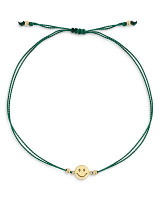 14K Yellow Gold Midi Bitty Smiley Face Green Cord Bracelet