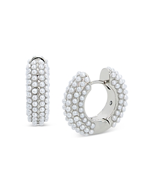 Shop Allsaints Imitation Pearl Huggie Hoop Earrings In White/silver