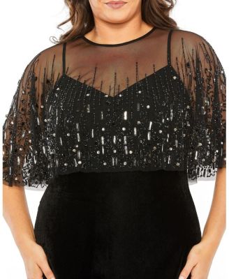  Plus Embellished Cape Sleeveless Velvet  Gown