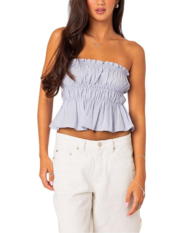Shop Edikted Katherine Linen Look Scrunch Top In Light Blue