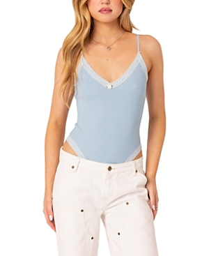 Edikted Aurora Lace Trim Rib Bodysuit In Light Blue