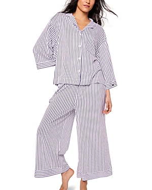 Shop Petite Plume French Ticking Wide Leg Pajama Set In Navy