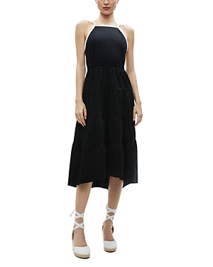 Shop Alice And Olivia Hartley Gathered Midi Dress In Black/off White