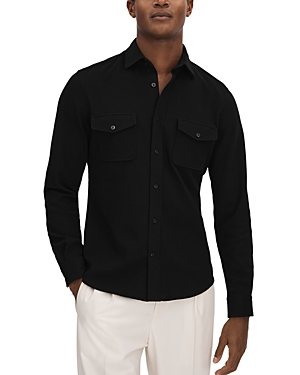 Shop Reiss Raglan Sleeved Jersey Textured Regular Fit Button Down Shirt In Black