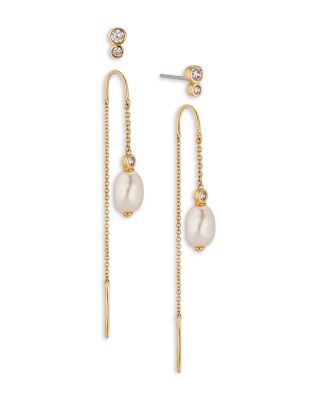 Nadri Siren Cubic Zirconia &amp; Cultured Freshwater Pearl Stud &amp; Threader Earrings in 18K Gold Plated, Set of 2