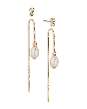 Siren Cubic Zirconia & Cultured Freshwater Pearl Stud & Threader Earrings in 18K Gold Plated, Set of 2