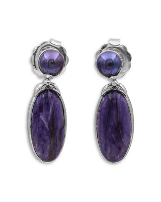 Stephen Dweck - Sterling Silver Terraquatic Sugilite & Cultured Freshwater Pearl Drop Earrings