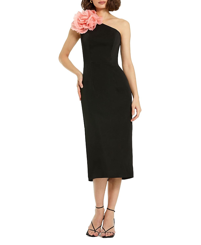 Mac Duggal Crepe One Shoulder Midi Dress with Flower