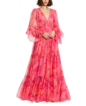 Mac Duggal Printed Chiffon Ruffle Long Sleeve V Neck Gown In Pink