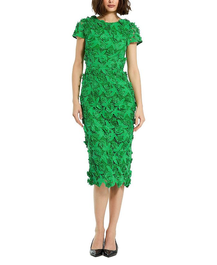 Mac Duggal Floral Lace Fitted Short Sleeve Midi Dress | Bloomingdale's