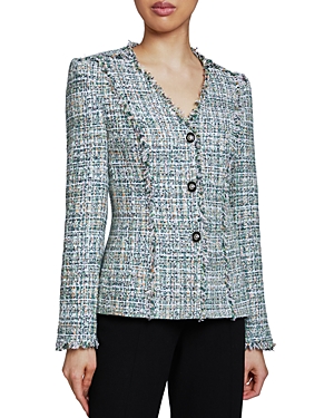 Shop Santorelli Luxury Tweed Fringe Detail Jacket In Moss