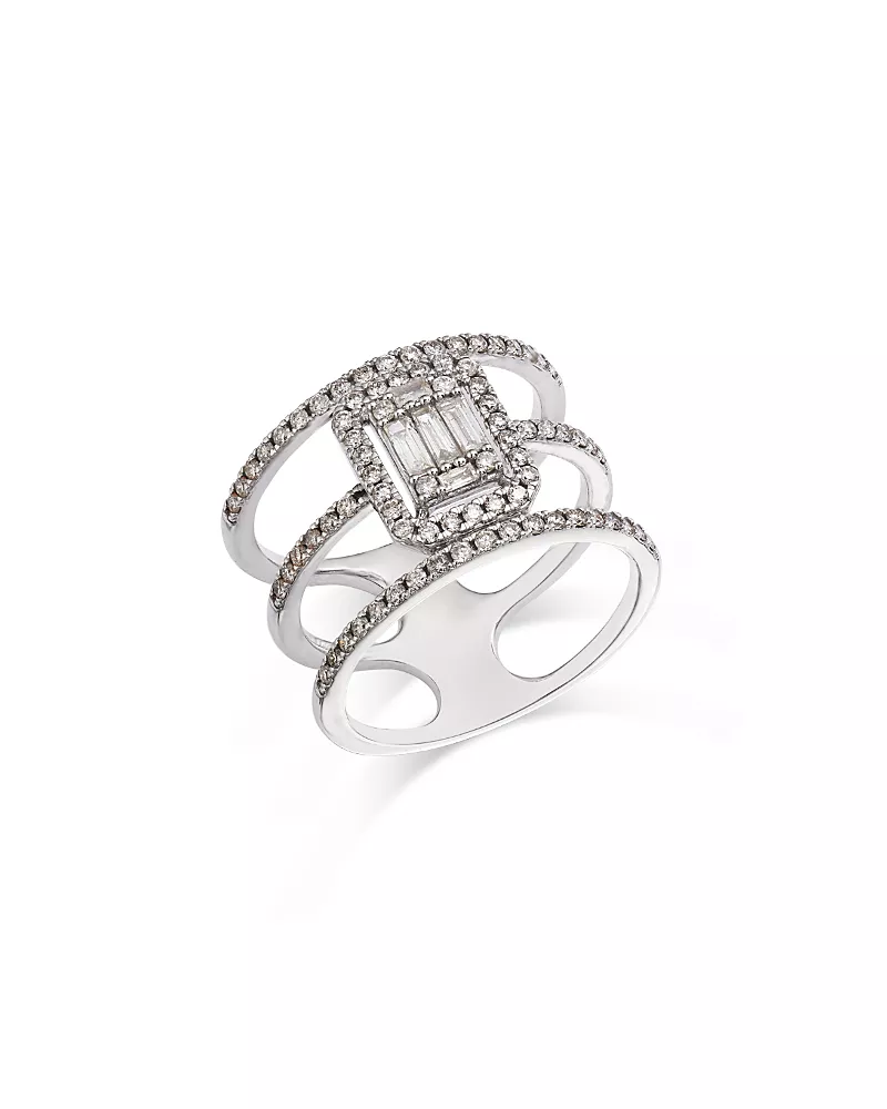 Bloomingdale's Fine Collection Diamond Round & Baguette Triple Row Ring in 14K White Gold, 0.75 tcw