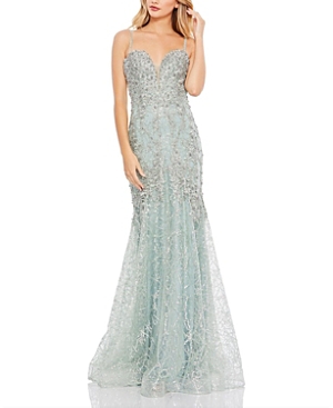 Shop Mac Duggal Embellished Sleeveless Plunge Neck Trumpet Gown In Mint