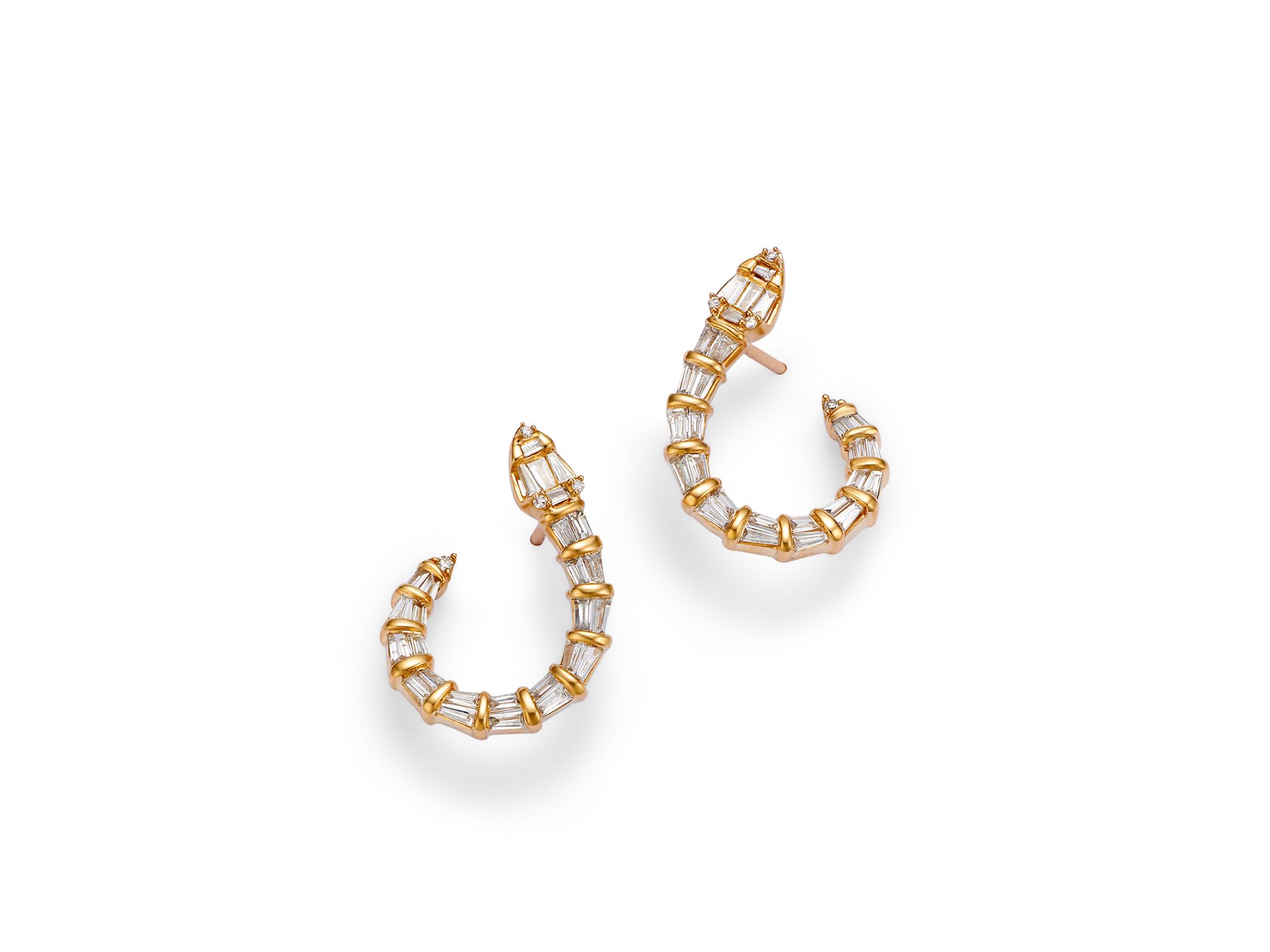 Diamond Round & Baguette Serpent Hoop Earrings in 14K Yellow , 0.60 tcw - Image 1