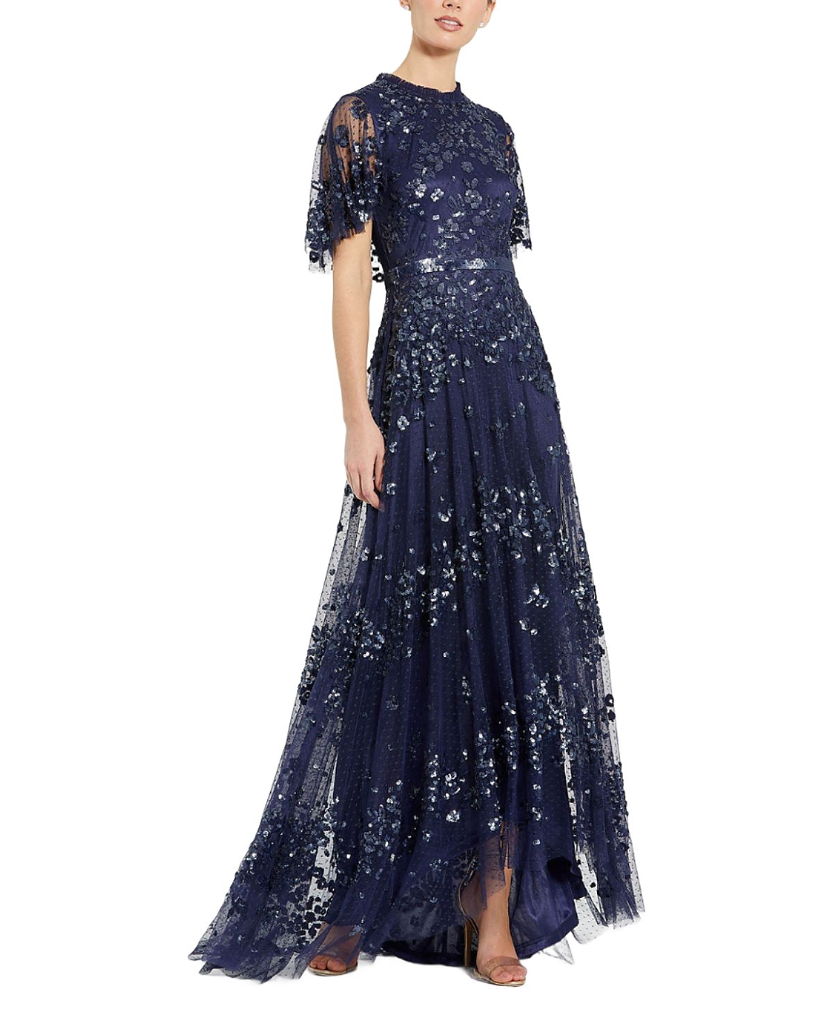 Mac Duggal Sequined High Neck Flutter Sleeve A Line Gown