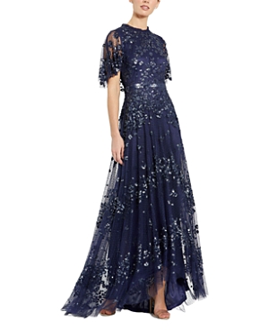 Mac Duggal Sequined High Neck Flutter Sleeve A Line Gown In Blue