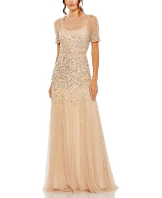 High Neck Short Sleeve Sequin Embellished Gown