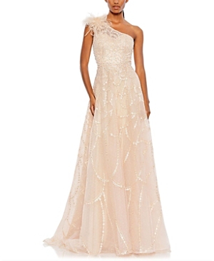 Mac Duggal Embellished One Shoulder A Line Gown In Peach
