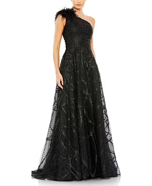 Mac Duggal Embellished One Shoulder A Line Gown In Black