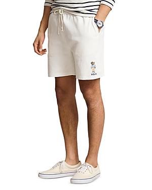 Shop Polo Ralph Lauren Cotton Jersey Polo Bear Embroidered 6 Drawstring Shorts In White