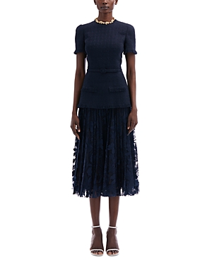 Shop Oscar De La Renta Tweed & Guipure Lace Skirt Midi Dress With Belt In Navy