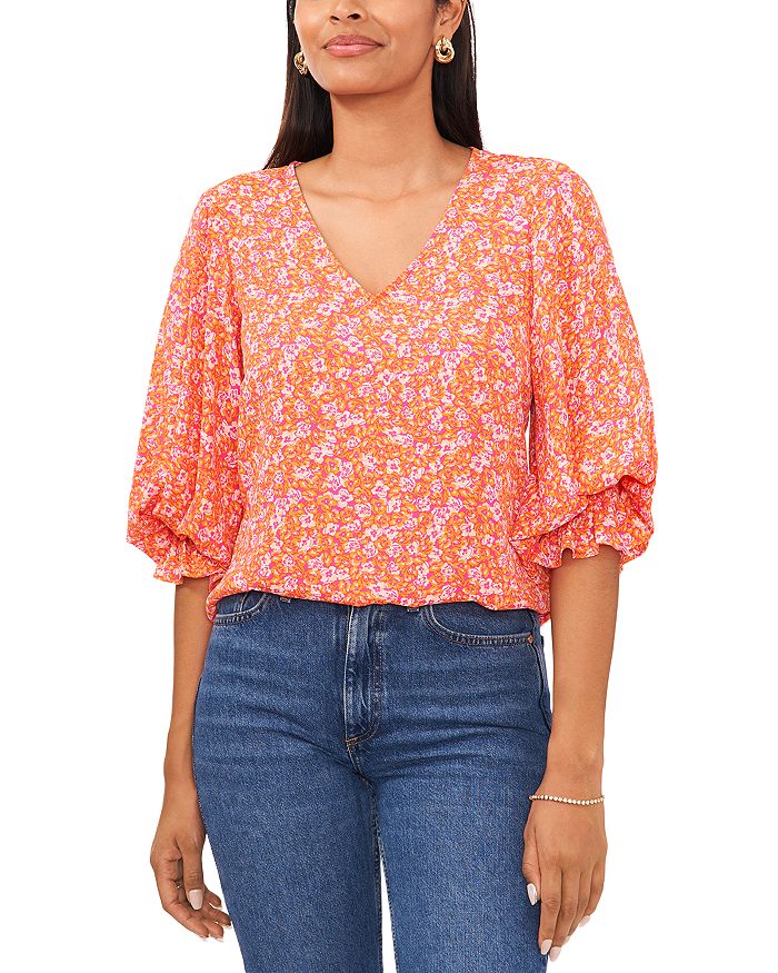 VINCE CAMUTO Womens Floral Long Sleeve V Neck Wear To Work Peplum Top