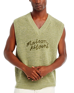 Shop Maison Kitsuné Embroidered Sweater Vest In Khaki Green