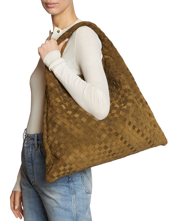 Shop Bottega Veneta Large Hop Intrecciato Leather Shoulder Bag In Khaki/brass