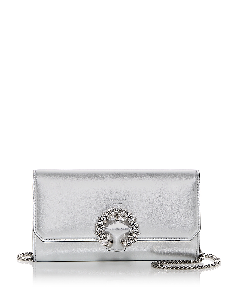 Jimmy Choo Madeline Embellished Buckle Leather Wallet On Chain In Silver