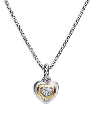 Petite Cable Heart Pendant Necklace in Sterling Silver with 14K Yellow Gold and Diamonds, 16"