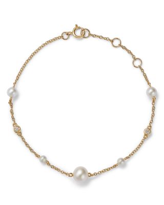 Moon & Meadow 14K Yellow Gold Cultured Freshwater Pearl & Diamond Station Link Bracelet