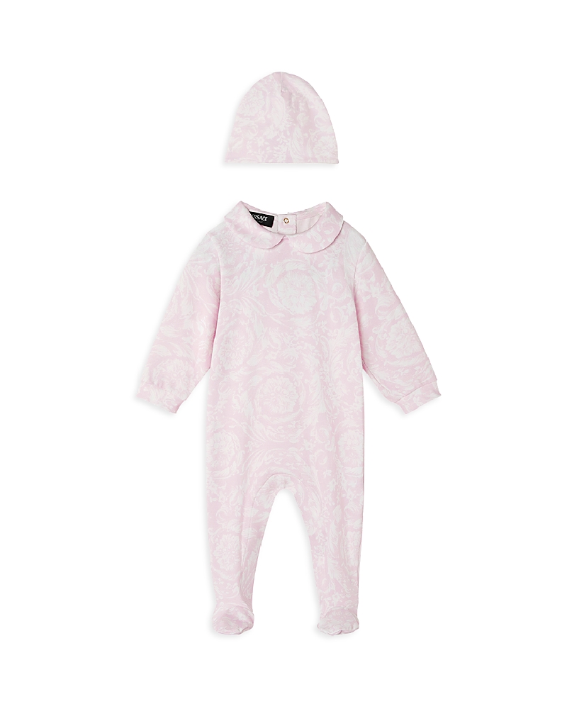 Versace Unisex Barocco Print Jersey Footie & Hat Set - Baby In Pink+print