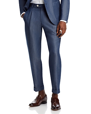 Shop Hugo Boss Wool Linen Regular Fit Pleated Trousers In Dark Blue