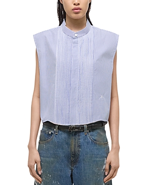 Shop Helmut Lang Sleeveless Cropped Tuxedo Shirt In Blue Stripe