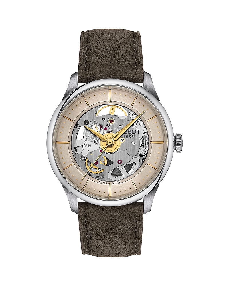 Tissot Men's Swiss Automatic Chemin Des Tourelles Skeleton Brown Leather Strap Watch 39mm In Gray/brown