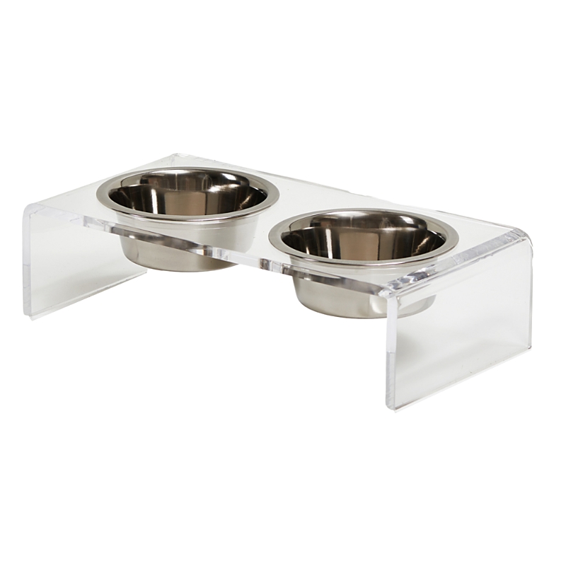 Hiddin Small Clear Double Bowl Pet Feeder, 1 Quart Bowls