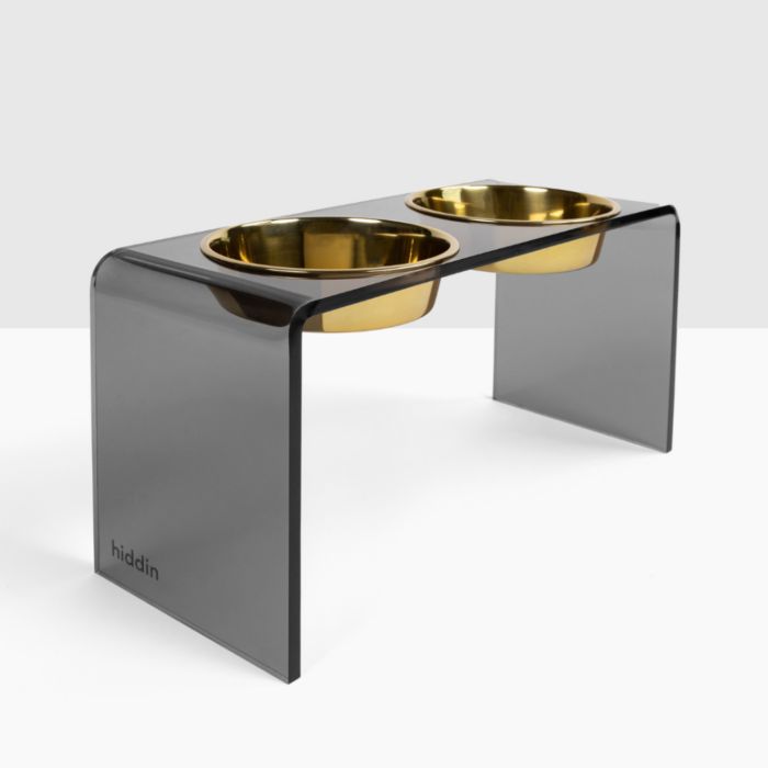 Large Smoke Grey Double Bowl Pet Feeder, 2 Quart Bowls
