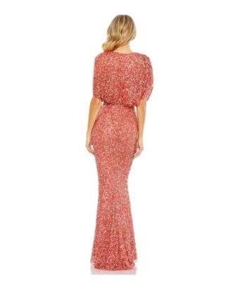 Draped Sleeves Ruched Waist Detail V-Neck Gown