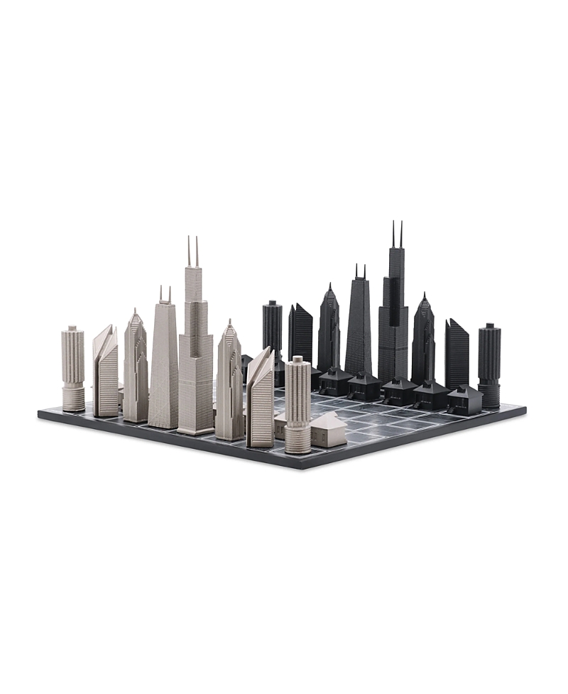 SKYLINE CHESS CHESS SET STAINLESS STEEL CHICAGO EDITION WITH WOOD MAP BOARD - AGE 14+