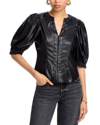 Stellah - Faux Leather Balloon Sleeve Top