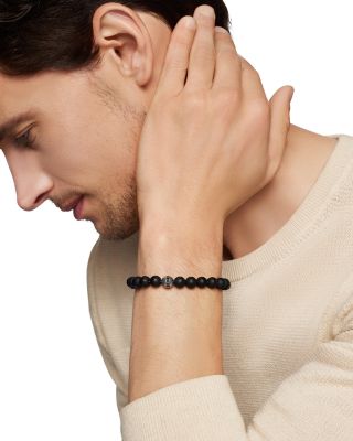 Men's Spiritual Beads Bracelet in Sterling Silver with Black Onyx & Pav&eacute; Black Diamond Accent, 8mm