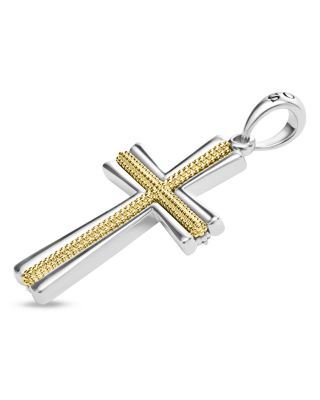 Men's 18K Yellow Gold & Sterling Silver Anthem Caviar Beaded Cross Amulet Pendant